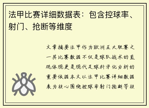 法甲比赛详细数据表：包含控球率、射门、抢断等维度