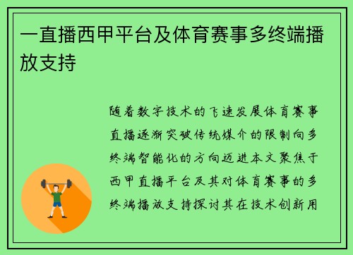 一直播西甲平台及体育赛事多终端播放支持