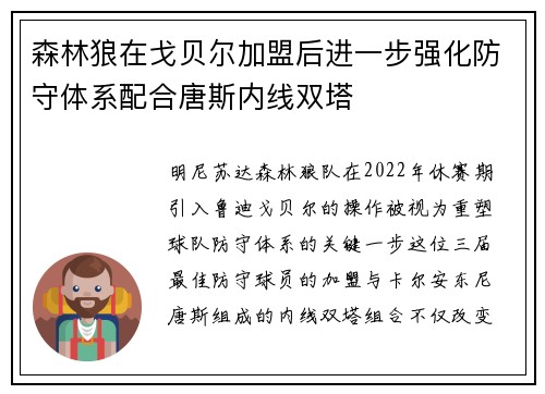 森林狼在戈贝尔加盟后进一步强化防守体系配合唐斯内线双塔